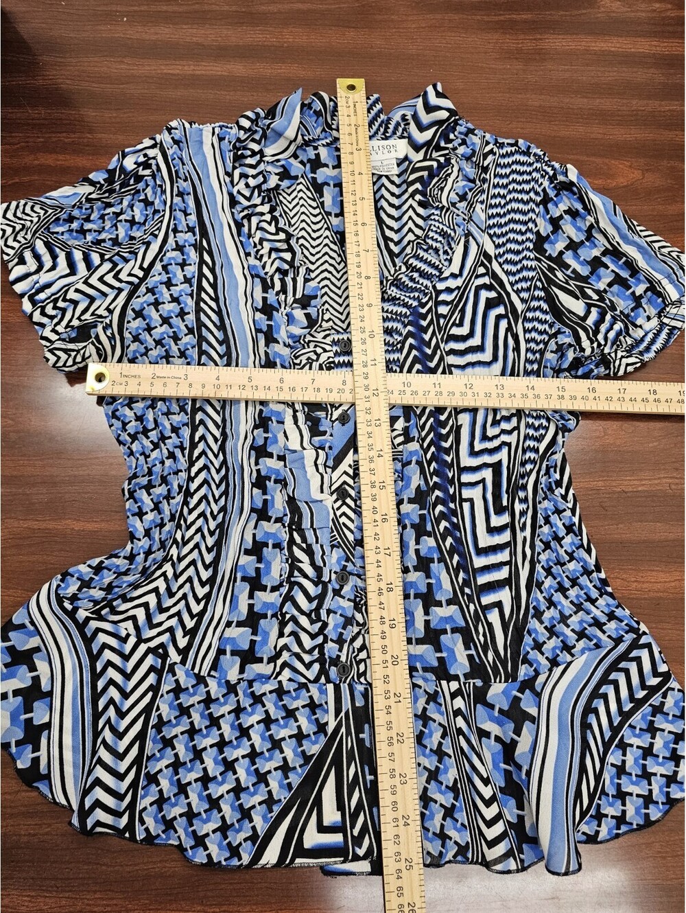 Allison Taylor Women Geometric Print Blouse Blue Black White Ruffle Sleeve Large - Picture 5 of 5